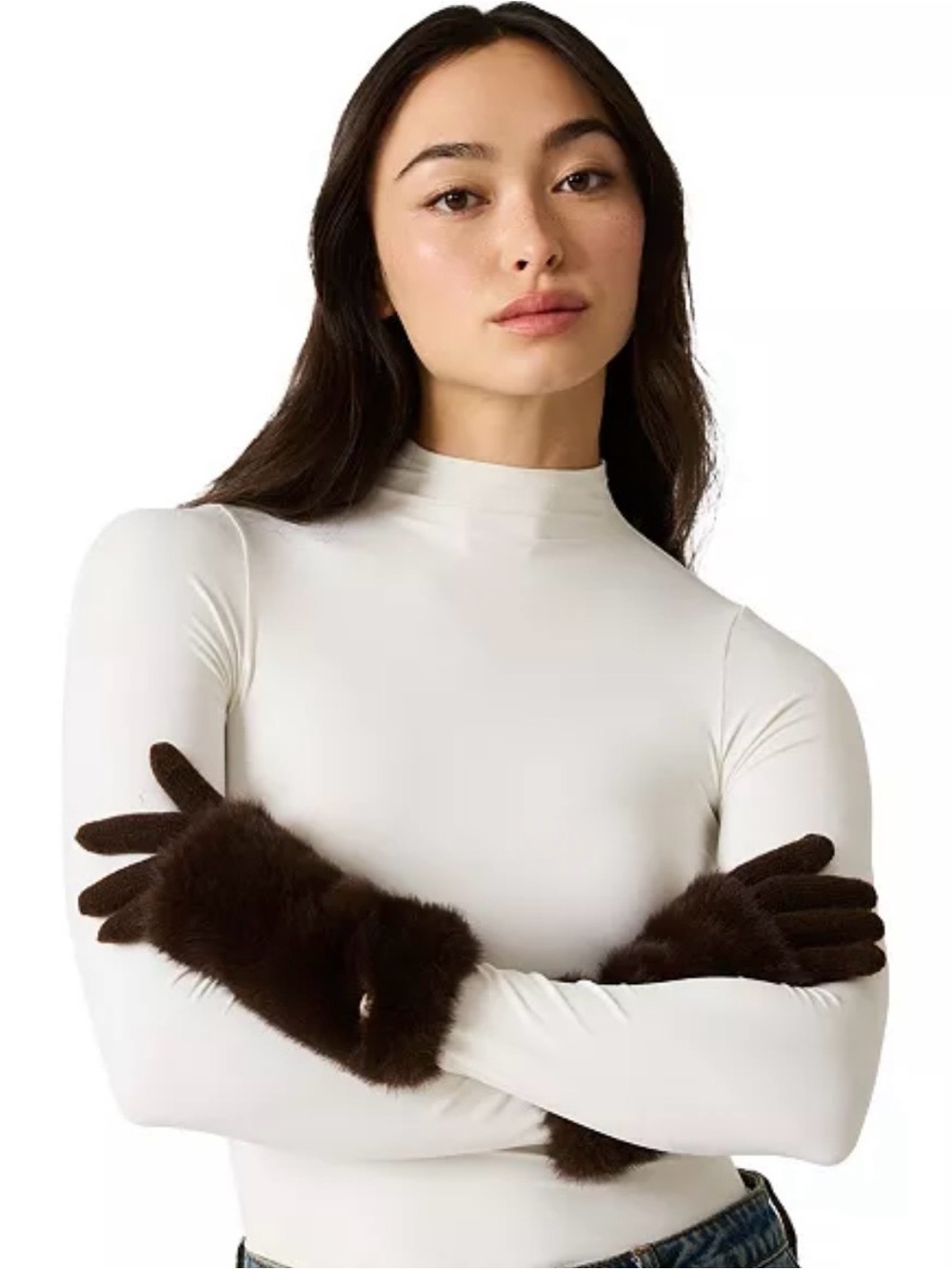 Steve Madden Tech Touch Faux Fur Cuff Knit Gloves Dark brown One Size NWT